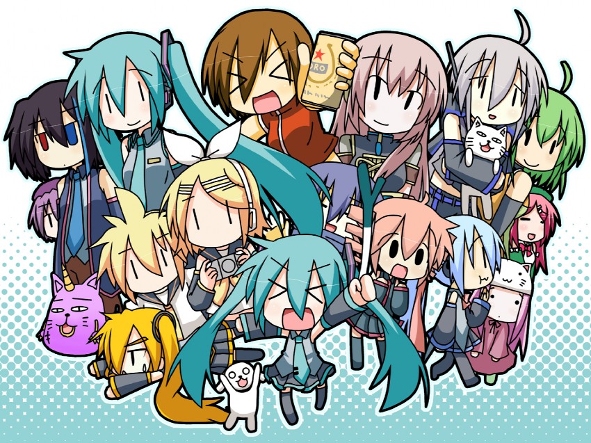 hatsune miku, kagamine rin, kagamine len, megurine luka, kasane teto, and 13 more (vocaloid and 3 more) drawn by minami_(colorful_palette)