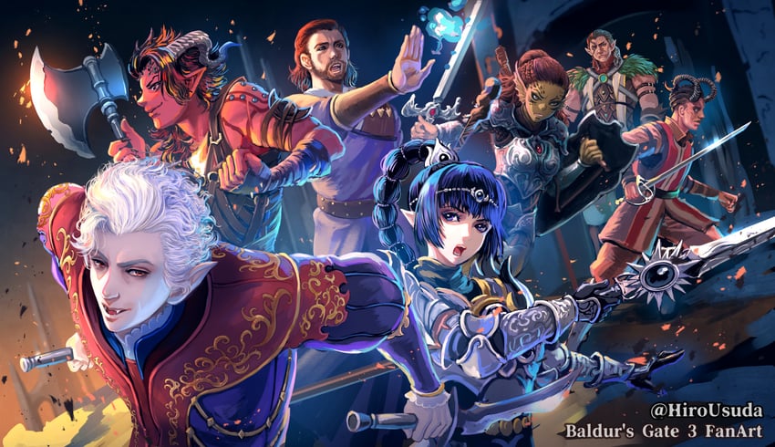 shadowheart, karlach, astarion, halsin, lae'zel, and 2 more (dungeons & dragons and 2 more) drawn by usuda_hiro