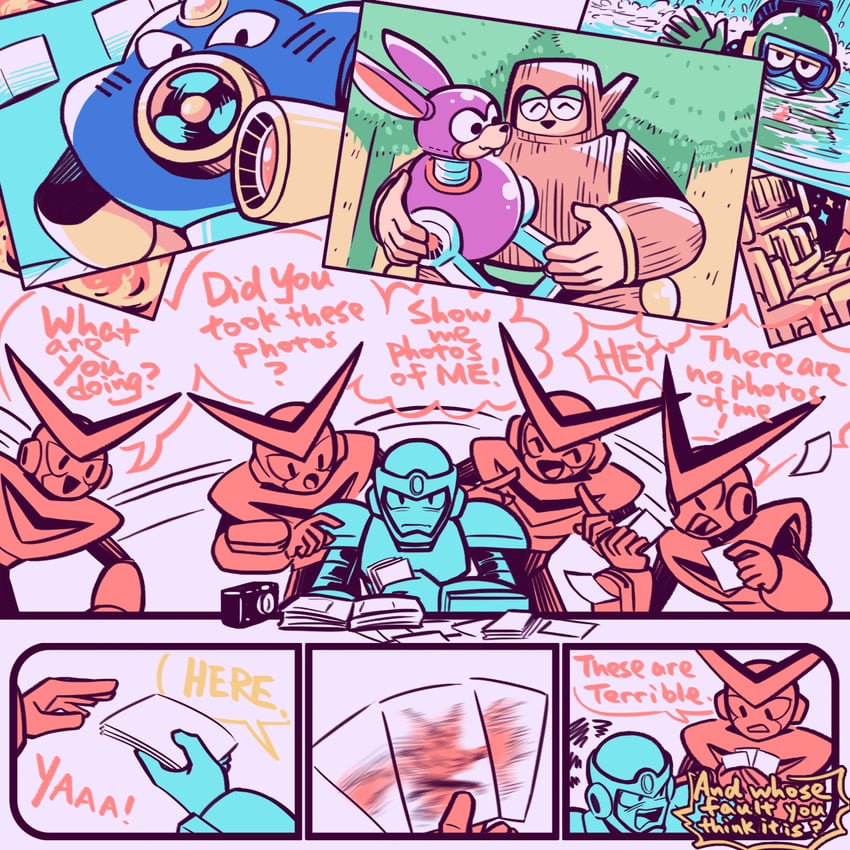 quick man, air man, flash man, bubble man, and wood man (mega man and 1 more) drawn by laser-lance