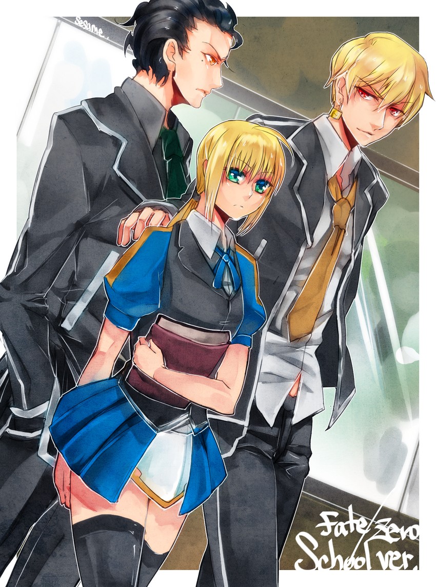 artoria pendragon, saber, gilgamesh, and diarmuid ua duibhne (fate and 2 more) drawn by sesame_ange