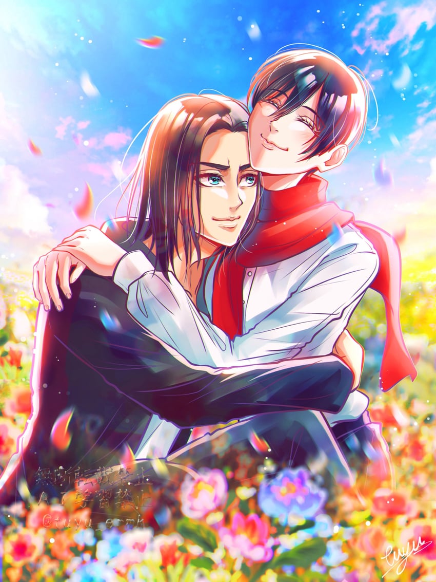 mikasa ackerman and eren yeager (shingeki no kyojin) drawn by tuyu_ermk