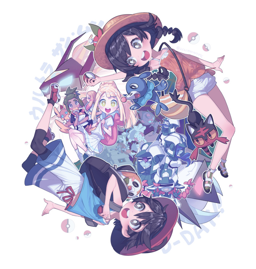 lillie, selene, rowlet, elio, popplio, and 13 more (pokemon and 1 more) drawn by maratang