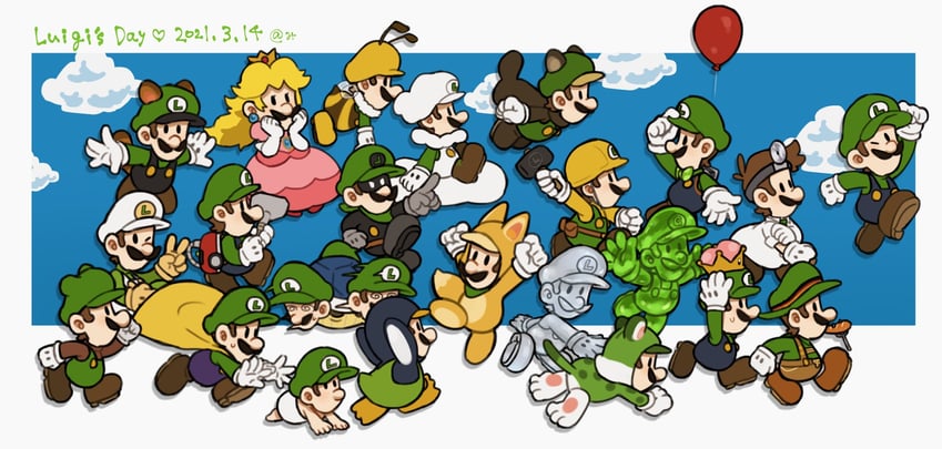 princess peach, luigi, mr. l, baby luigi, kitsune luigi, and 11 more (mario and 20 more) drawn by mimimi_(mimimim9999)