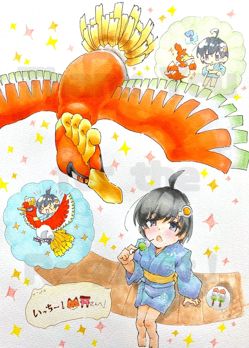 araragi tsukihi, ho-oh, and cramorant (pokemon and 1 more) drawn by taste_colorful