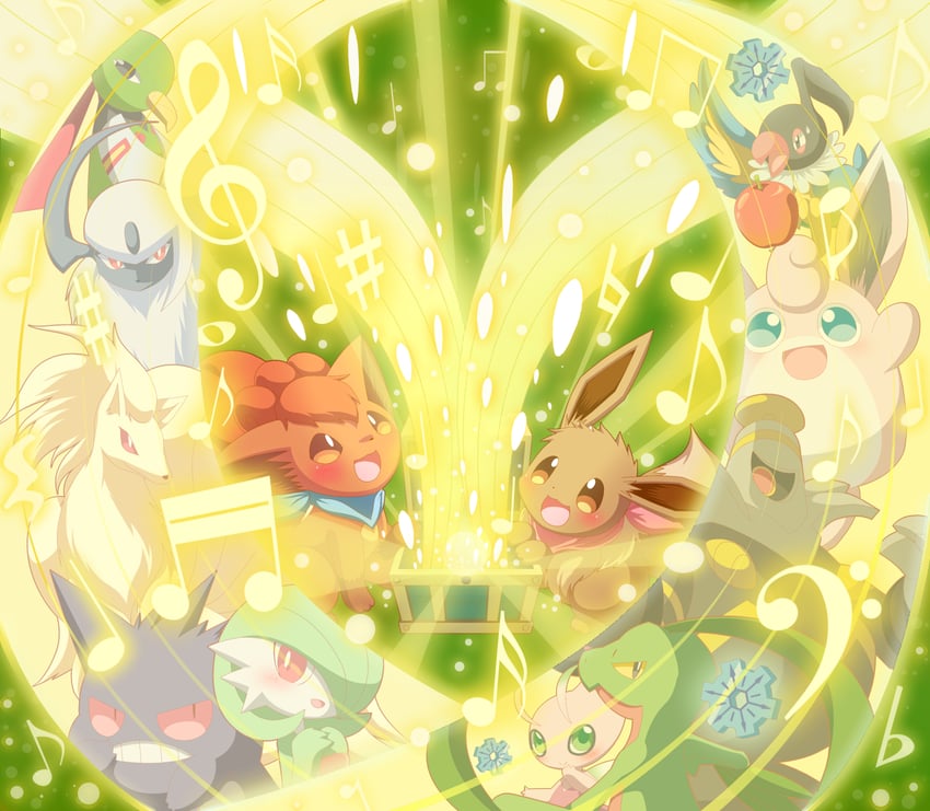 gardevoir, eevee, gengar, absol, celebi, and 7 more (pokemon and 1 more) drawn by neru_(neruneruru)