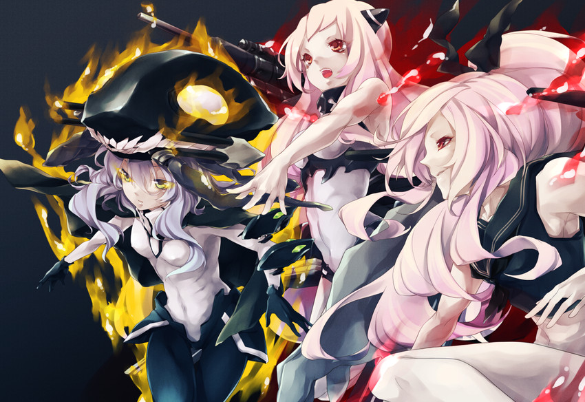 wo-class aircraft carrier, enemy aircraft, airfield princess, and armored aircraft carrier oni (kantai collection) drawn by fukeda_chiho