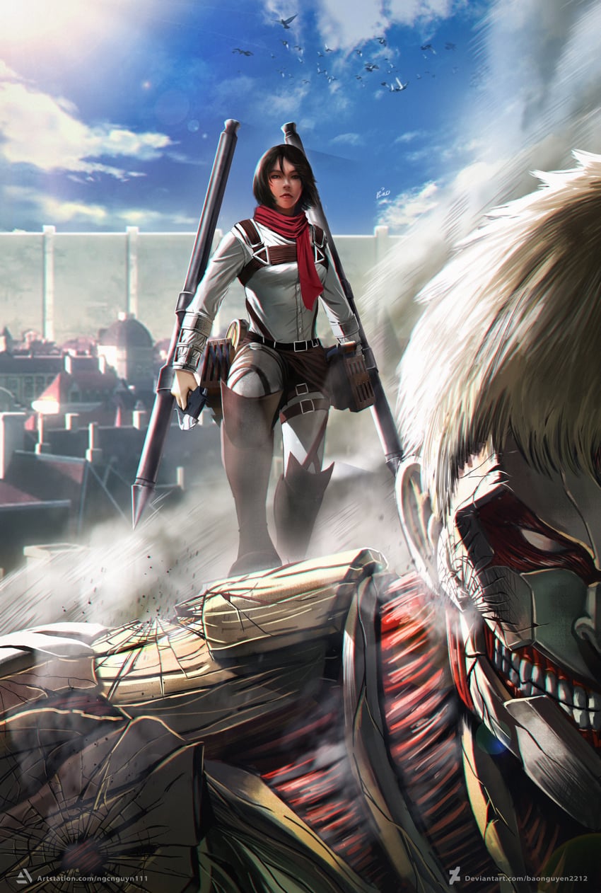mikasa ackerman, titan, bertolt hoover, and colossal titan (shingeki no kyojin) drawn by bao_nguyen