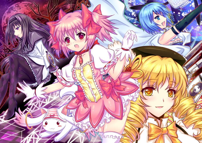 akemi homura, kaname madoka, miki sayaka, tomoe mami, and kyubey (mahou shoujo madoka magica) drawn by riyun_(halodark)