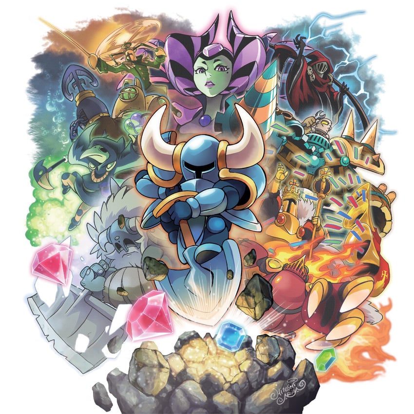shovel knight, plague knight, king knight, specter knight, enchantress, and 5 more (shovel knight) drawn by ariga_hitoshi