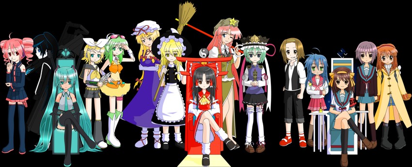 hatsune miku, hakurei reimu, kirisame marisa, yakumo yukari, hong meiling, and 10 more (touhou and 7 more) drawn by dra2k4