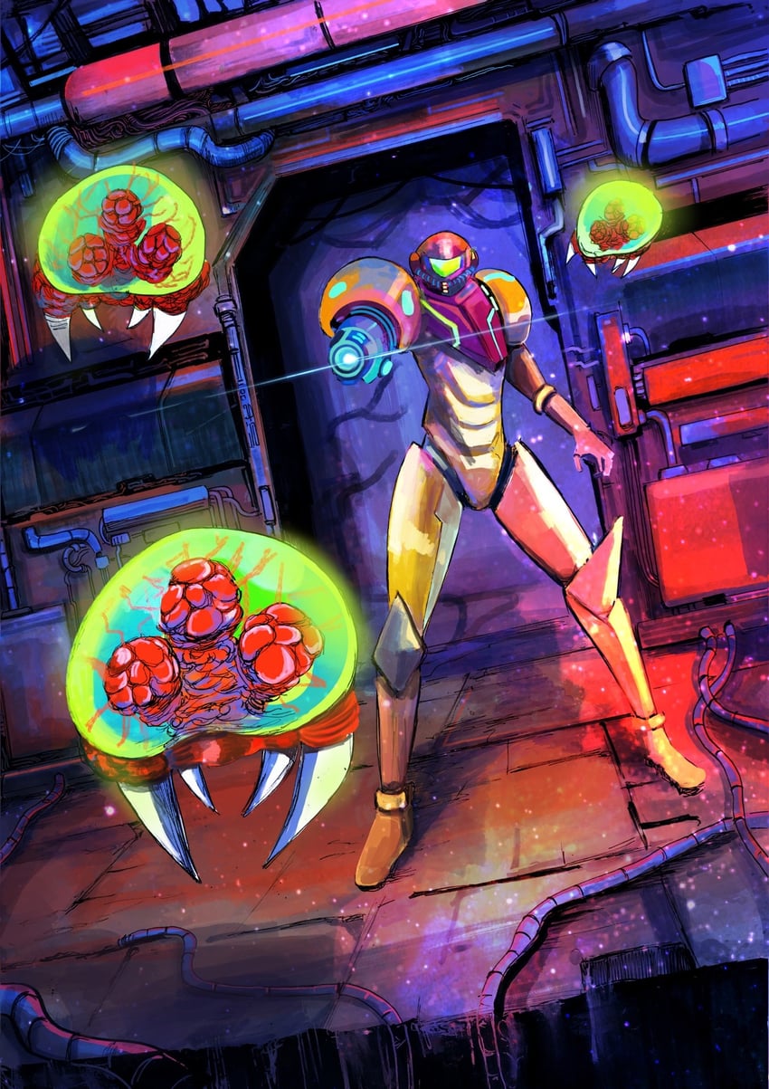 samus aran, metroid, and metroid larva (metroid) drawn by aki-t_(akitbfpf144)