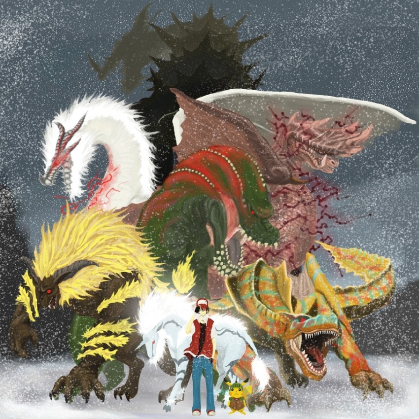 pikachu, red, deviljho, rajang, tigrex, and 6 more (pokemon and 1 more) drawn by drawtwo