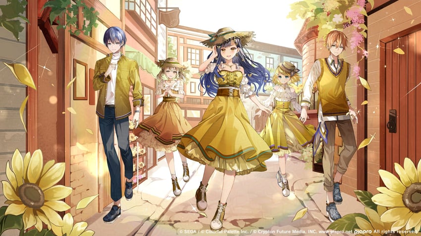 kagamine rin, shinonome akito, shiraishi an, aoyagi touya, azusawa kohane, and 1 more (vocaloid and 1 more) drawn by shunka_tunacan