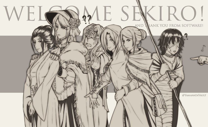 plain doll, fire keeper, maiden in black, emma the gentle blade, emerald herald, and 1 more (dark souls and 7 more) drawn by yamanata