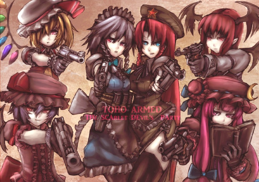 remilia scarlet, flandre scarlet, izayoi sakuya, patchouli knowledge, hong meiling, and 1 more (touhou and 1 more) drawn by panzer_(p.z)