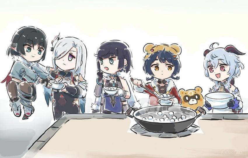 ganyu, shenhe, yelan, jane doe, xiangling, and 1 more (genshin impact and 2 more) drawn by xinzoruo