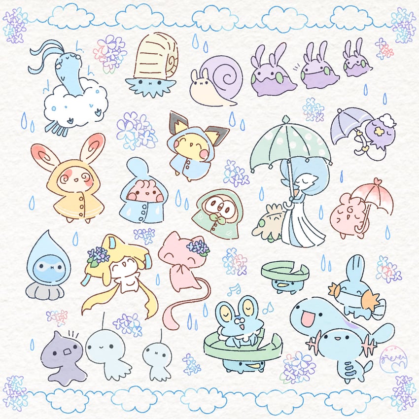 gardevoir, rowlet, jirachi, pichu, mudkip, and 15 more (pokemon) drawn by ototo_(otokameseimen)