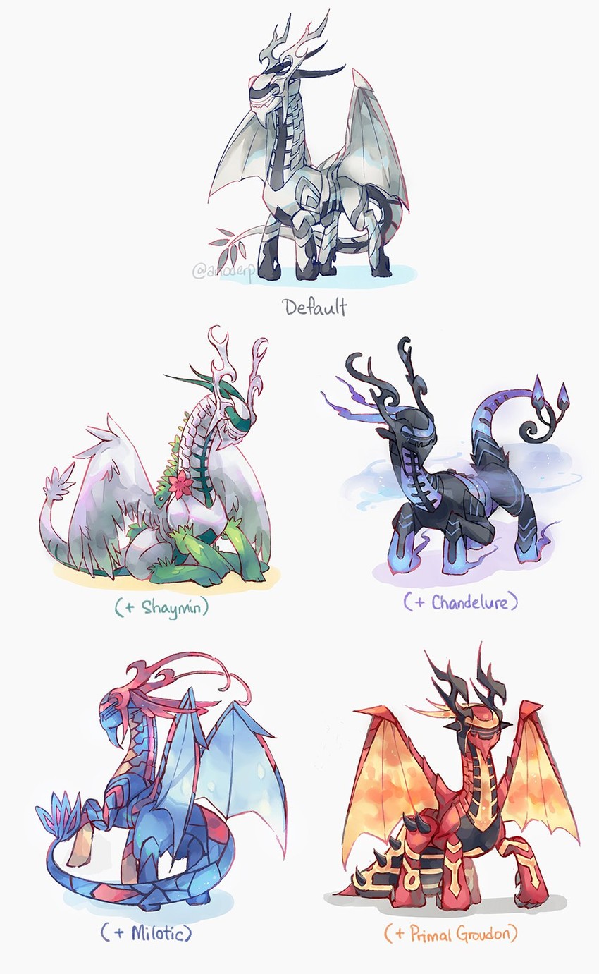 chandelure, milotic, shaymin, groudon, primal groudon, and 1 more (pokemon and 3 more) drawn by anocurry