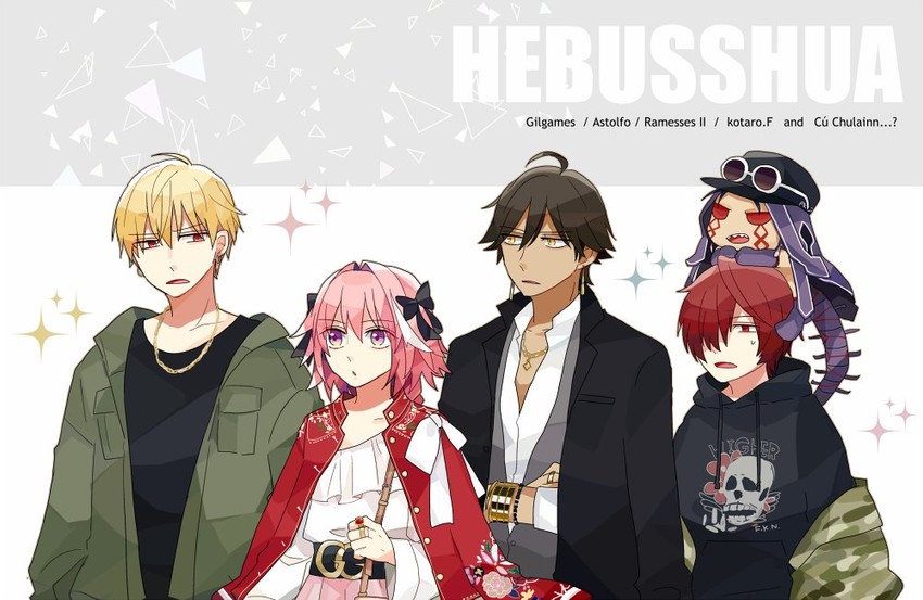 gilgamesh, astolfo, cu chulainn, ozymandias, fuuma kotarou, and 1 more (fate and 1 more) drawn by gutshika