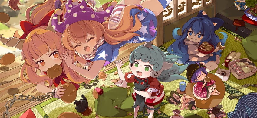 hakurei reimu, kirisame marisa, kaenbyou rin, ibuki suika, clownpiece, and 3 more (touhou and 1 more) drawn by mota