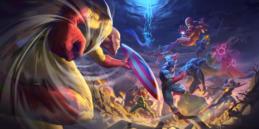 saitama, captain america, iron man, thor, wanda maximoff, and 8 more (marvel and 2 more) drawn by yu_xu