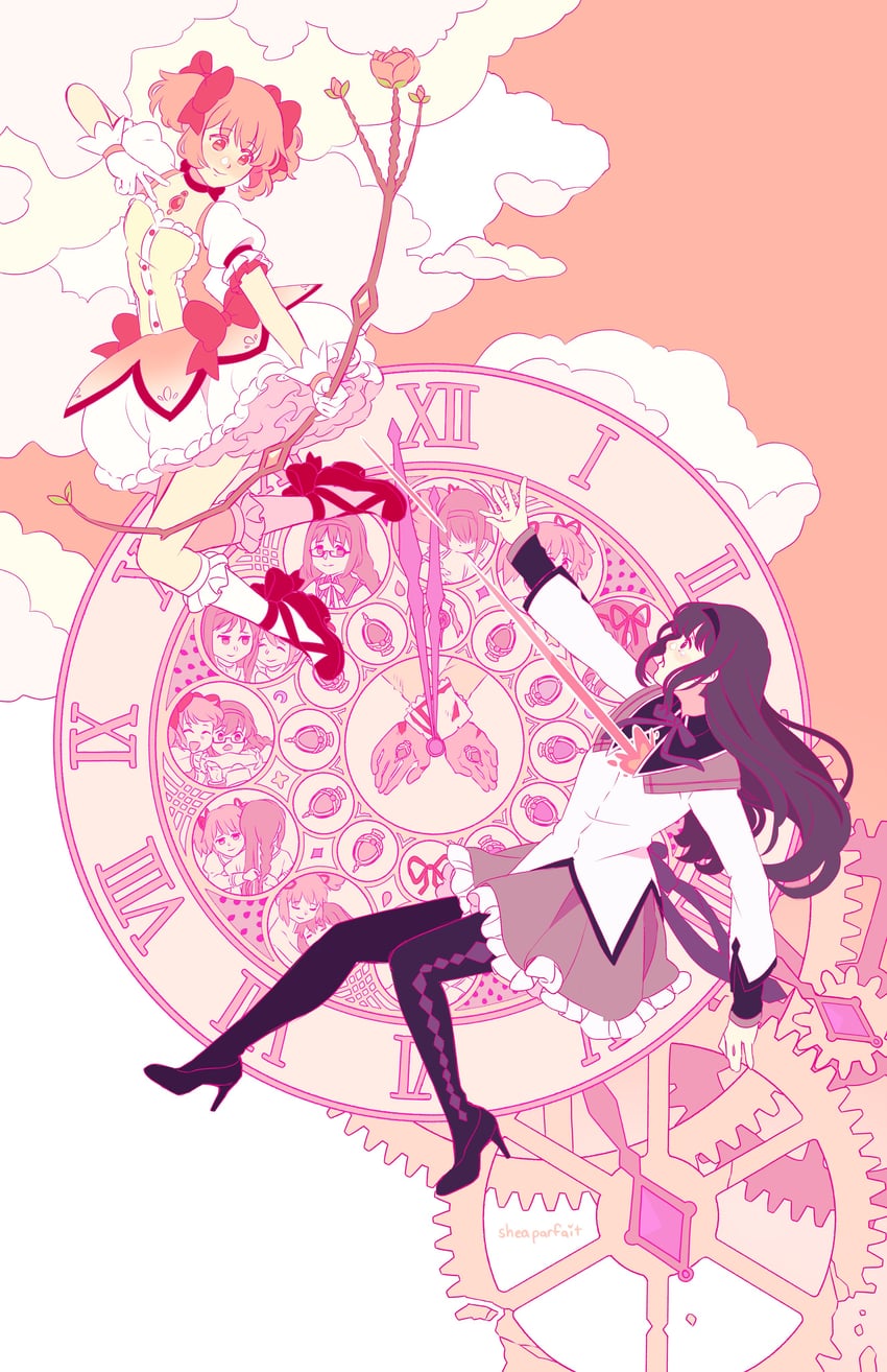 akemi homura and kaname madoka (mahou shoujo madoka magica) drawn by shea.parfait