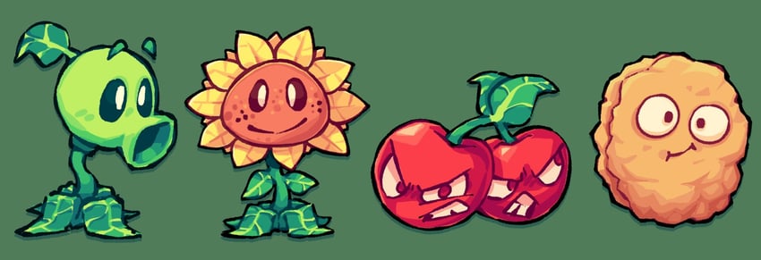 sunflower, peashooter, wall-nut, and cherry bomb (plants vs. zombies) drawn by leafysky22