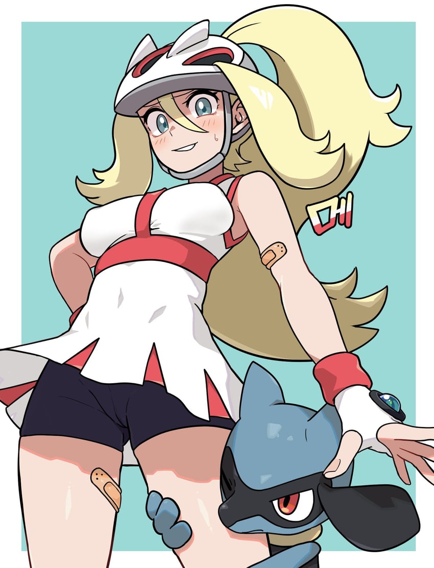 riolu and korrina (pokemon and 1 more) drawn by me_(thesad0818)