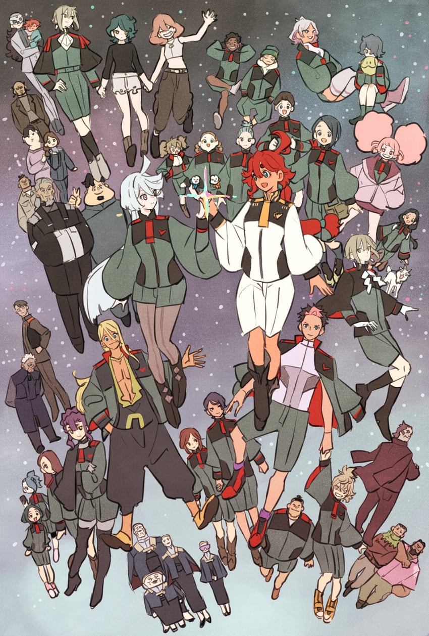 suletta mercury, miorine rembran, secelia dote, guel jeturk, elan ceres, and 33 more (gundam and 1 more) drawn by takeuchi_ryousuke
