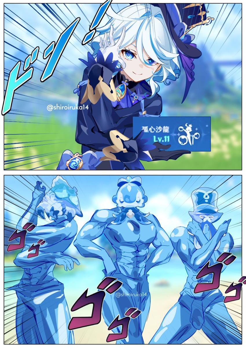 furina, surintendante chevalmarin, gentilhomme usher, and mademoiselle crabaletta (genshin impact and 1 more) drawn by somnia