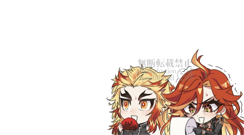 mavuika and rengoku kyoujurou (genshin impact and 1 more) drawn by tandem