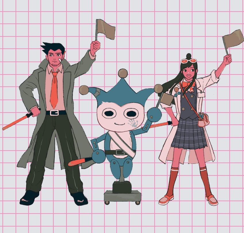 dick gumshoe, ema skye, and blue badger (ace attorney and 1 more) drawn by 23011620x