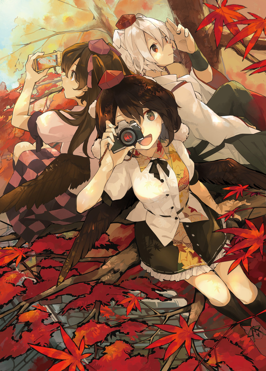 shameimaru aya, inubashiri momiji, and himekaidou hatate (touhou) drawn by hichiko