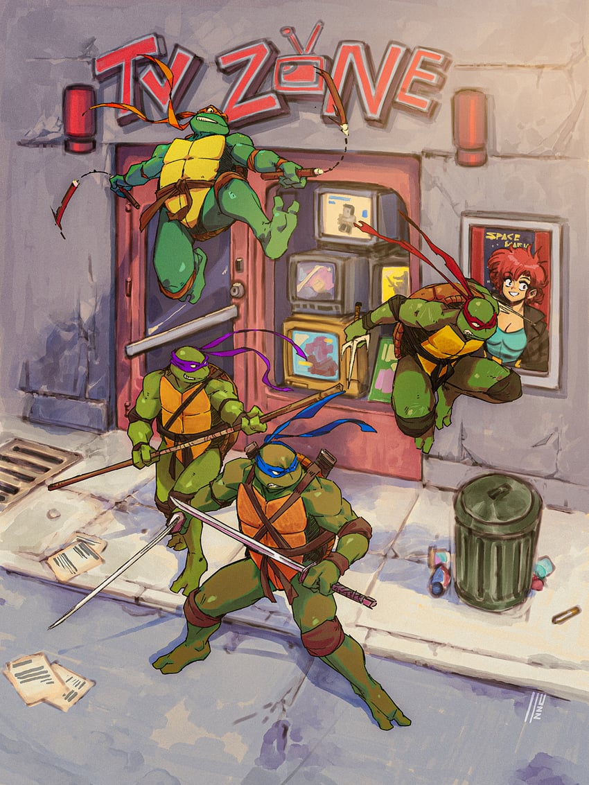 leonardo, raphael, donatello, michelangelo, and maria (teenage mutant ninja turtles and 1 more) drawn by david_liu