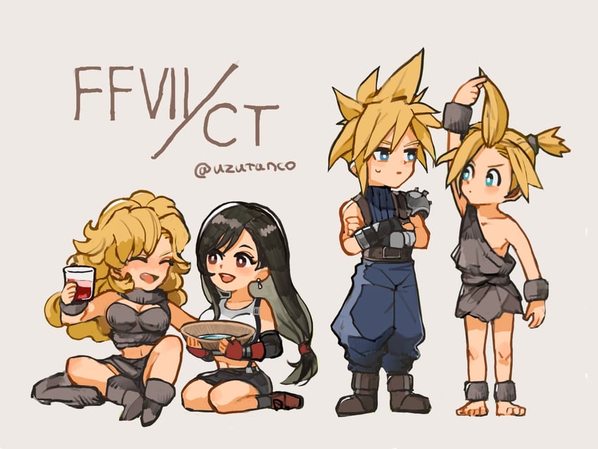 tifa lockhart, cloud strife, ayla, and kino (final fantasy and 3 more) drawn by uzutanco