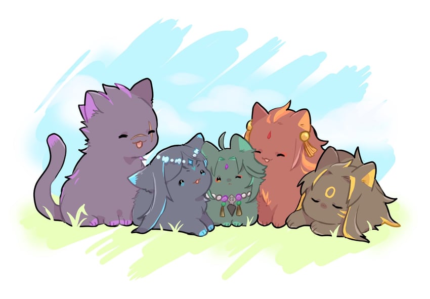 xiao, bonanus, indarias, bosacius, and menogias (genshin impact) drawn by nasuka_gee