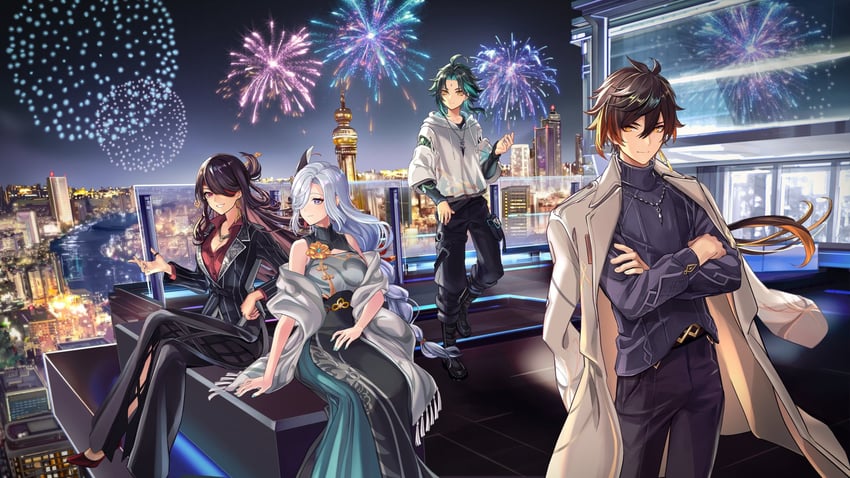 zhongli, shenhe, xiao, and beidou (genshin impact) drawn by aratakosu_(tako's)