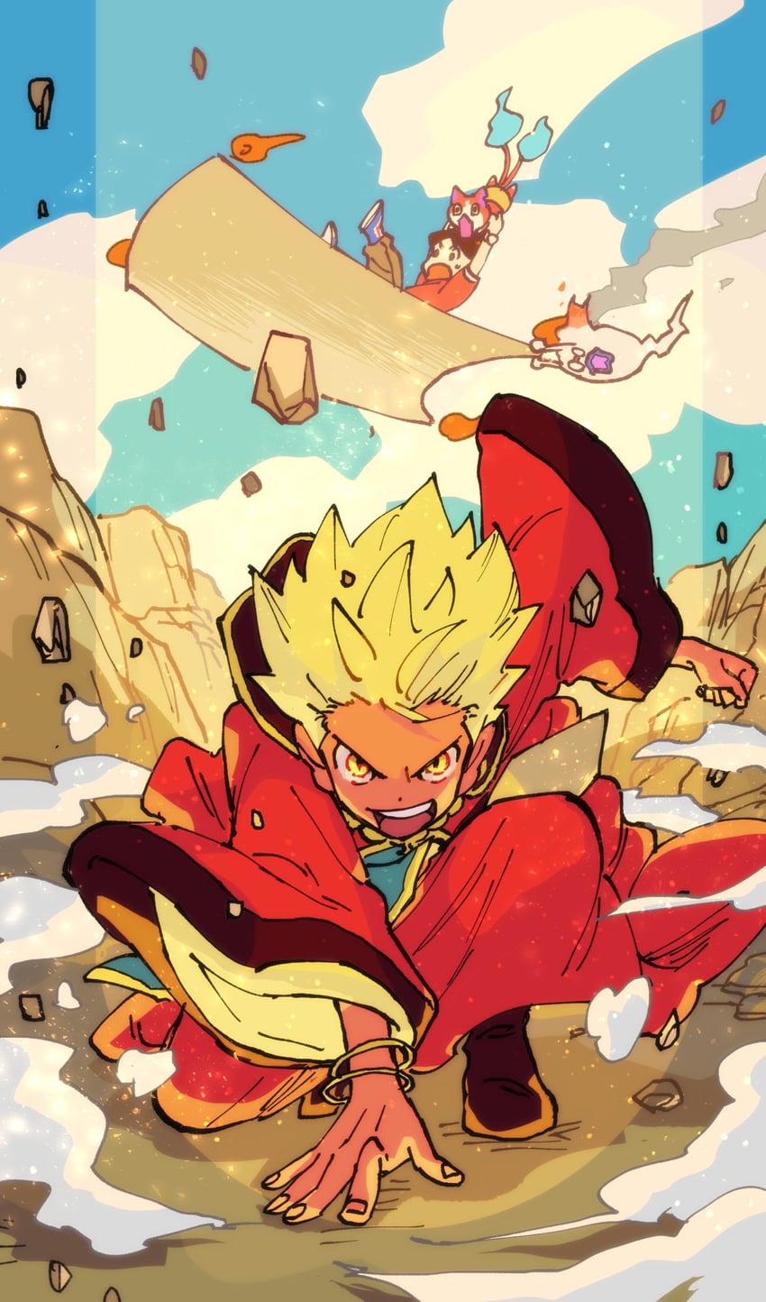 jibanyan, whisper, amano keita, and enma daiou (youkai watch) drawn by f7_(000000f7)