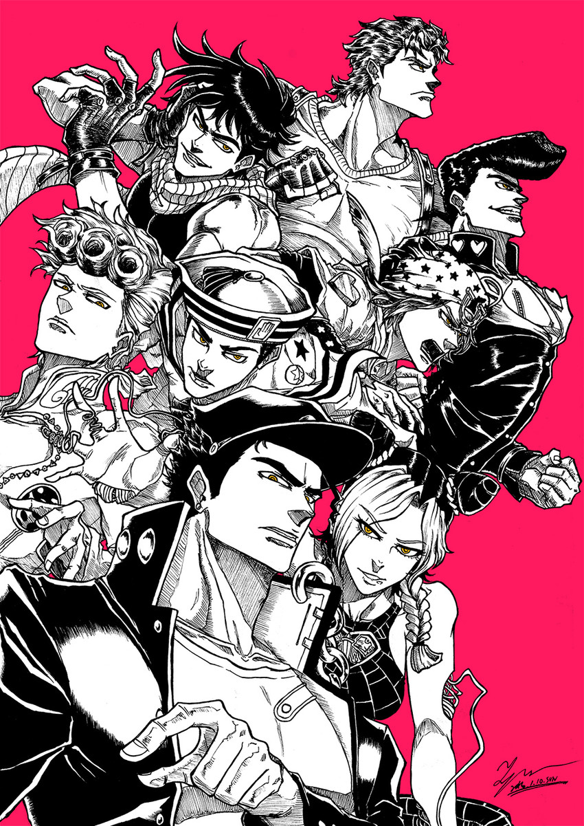 joseph joestar, kujo jotaro, kujo jolyne, giorno giovanna, jonathan joestar, and 2 more (jojo no kimyou na bouken and 8 more) drawn by tryvor