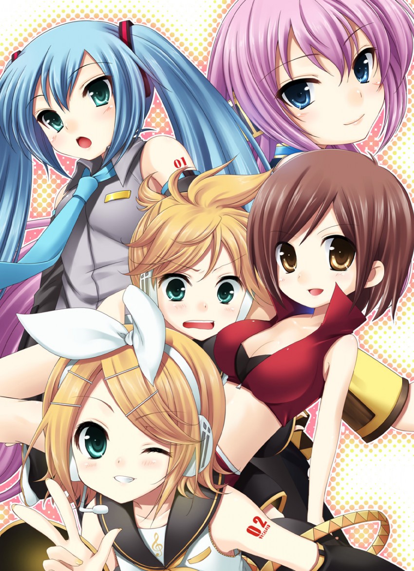 hatsune miku, kagamine rin, kagamine len, megurine luka, and meiko (vocaloid) drawn by hazuki_(etcxetc)