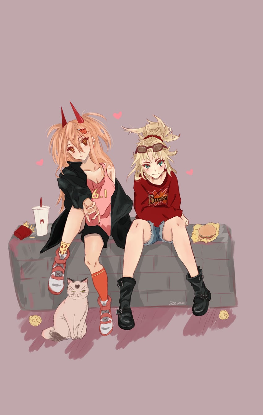 mordred, power, pochita, and meowy (fate and 2 more) drawn by zzokou