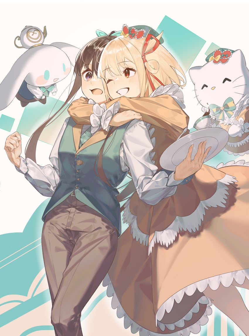 nishikigi chisato, inoue takina, cinnamoroll, and hello kitty (lycoris recoil and 3 more) drawn by dkl_(dinosaurkl2)
