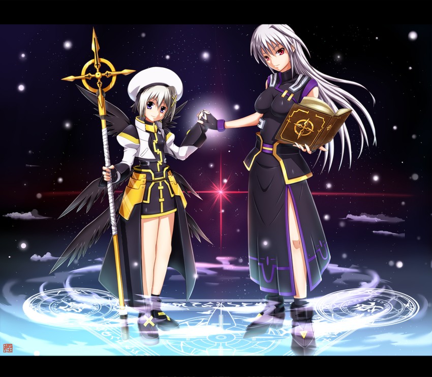 yagami hayate, reinforce, schwertkreuz, and tome of the night sky (lyrical nanoha and 3 more) drawn by crowned_oaks