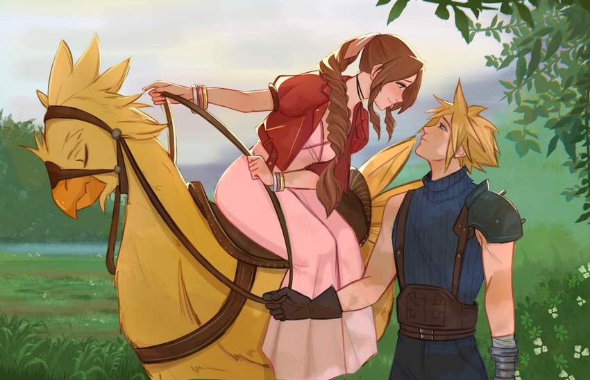 cloud strife and aerith gainsborough (final fantasy and 1 more) drawn by vanekairi