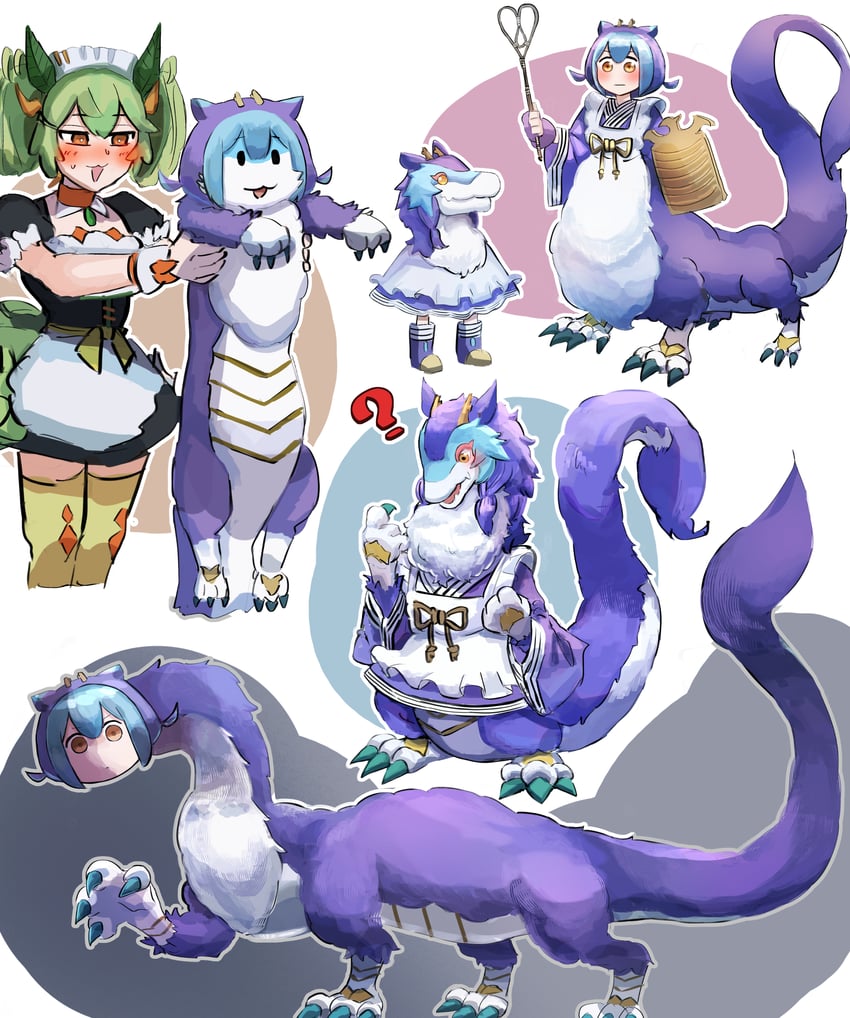 laundry dragonmaid, parlor dragonmaid, and dragonmaid nudyarl (yu-gi-oh!) drawn by hatano_kiyoshi