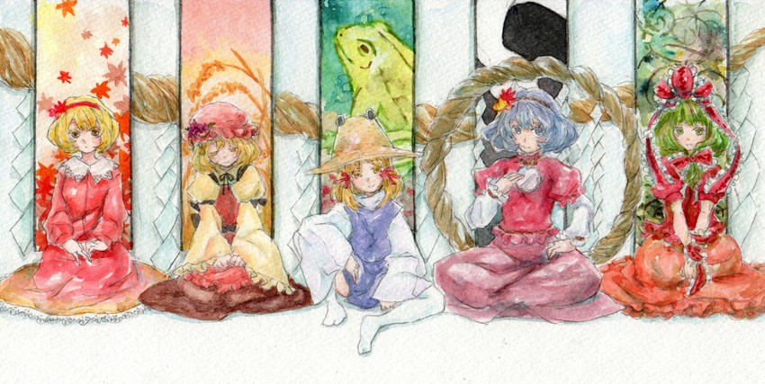 moriya suwako, yasaka kanako, kagiyama hina, aki minoriko, and aki shizuha (touhou) drawn by tugumi0w0