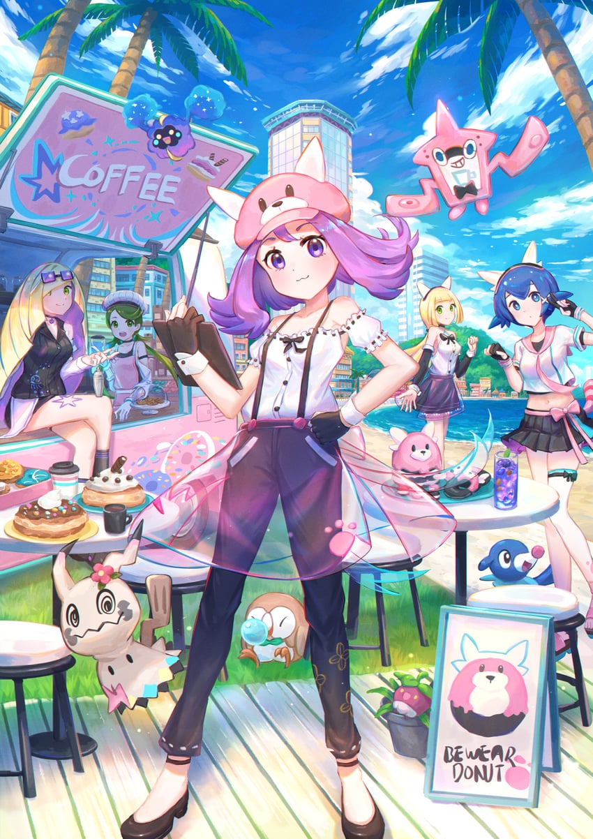 lillie, rotom, rowlet, lana, mallow, and 8 more (pokemon and 1 more) drawn by kutsunohito