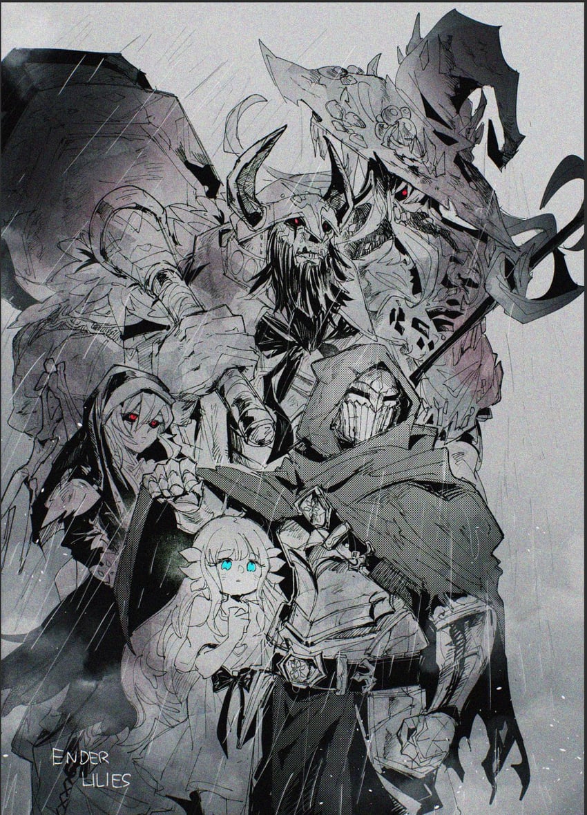 lily, umbral knight, guardian siegrid, dark witch eleine, and gerrod the elder warrior (ender lilies quietus of the knights) drawn by kofuku_(reitouko)