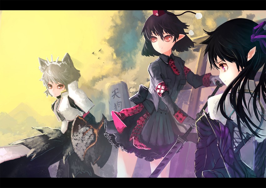 shameimaru aya, inubashiri momiji, and himekaidou hatate (touhou) drawn by die_letzte_(tc)