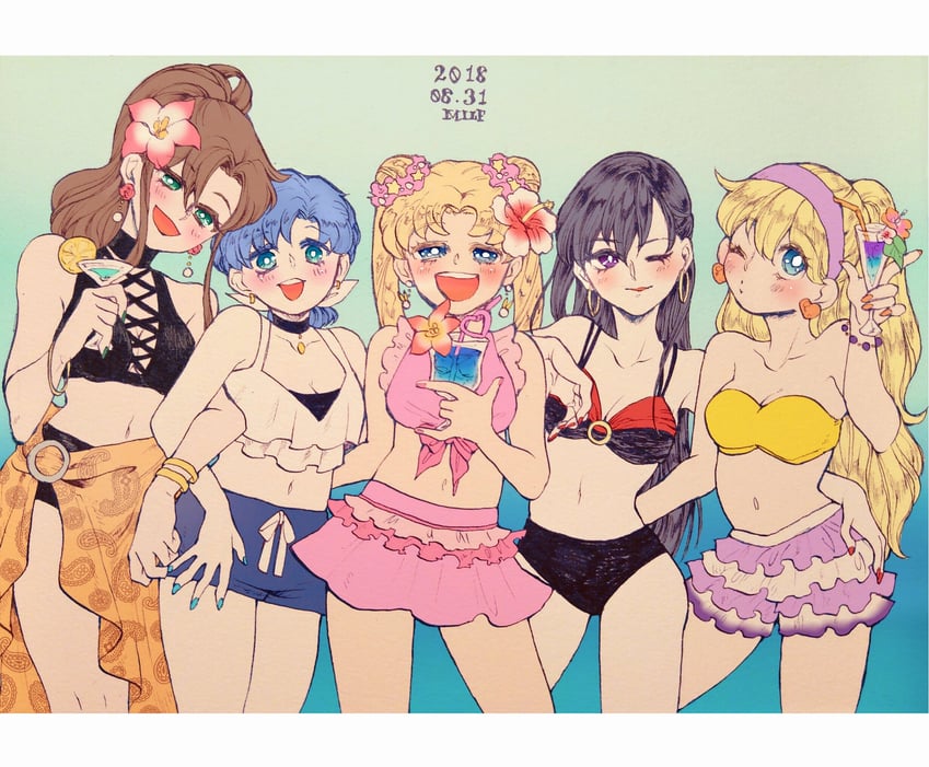 tsukino usagi, mizuno ami, aino minako, hino rei, and kino makoto (bishoujo senshi sailor moon) drawn by pnpp_tako